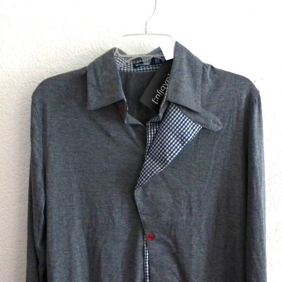 W[d^blju:], men's gray button-up long sleeve shirt with blue/white plaid design - Picture 5 of 7